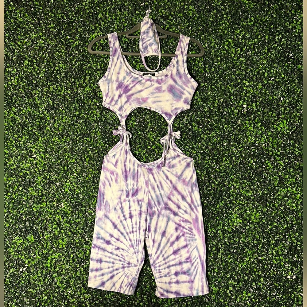 Purple and White Tye Dye Romper W/ Matching Mask